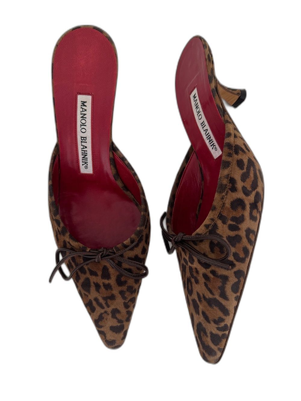 Manolo Blahnik Vintage Brown Leopard Suede Bow Mules Kitten Heels EU 36.5 Shoes